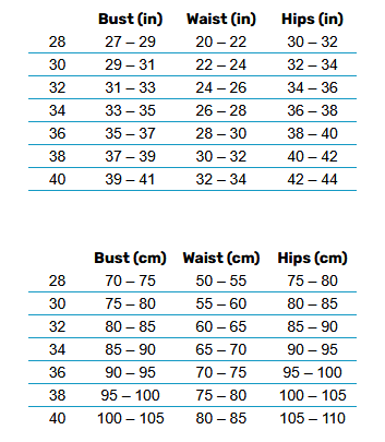 2025 ZONE3 SWIMWEAR 0 Size Chart